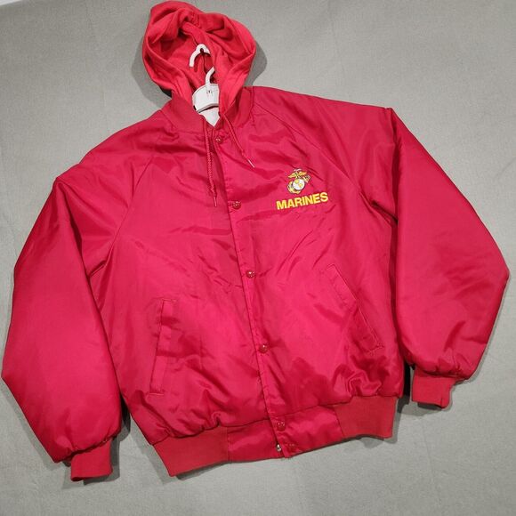 VTG United States Marine Corps USMC Mens Hooded Lined Red Satin Bomber Jacket - Picture 2 of 13